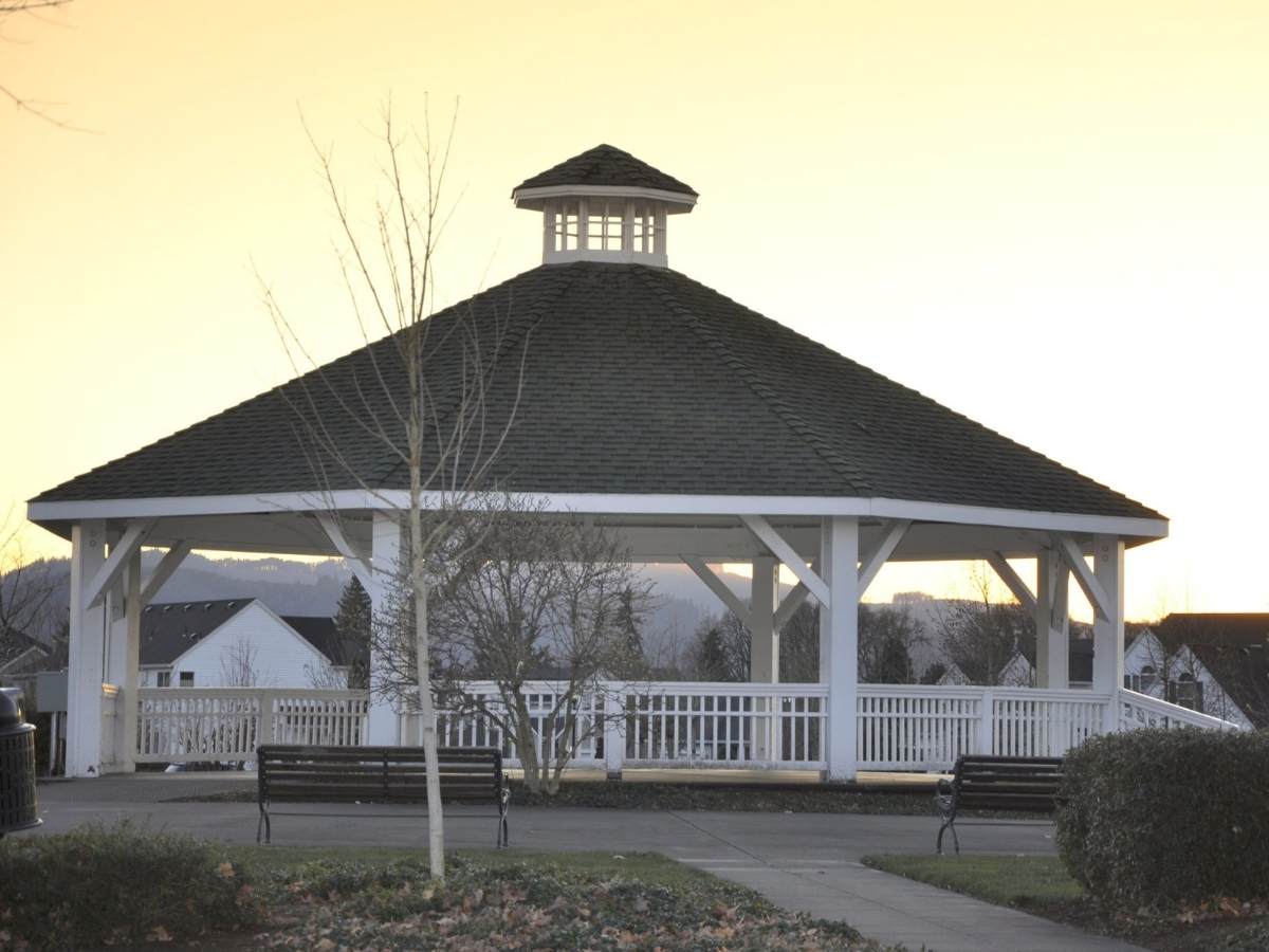 Banks gazebo at sunset for article Banks, Oregon for newcomers moving to Portland.