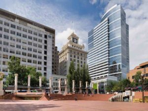 Pioneer Square big open space square with buildings around it for article Key Portland Industries Fueling Growth in 2025 for newcomers moving to Portland.