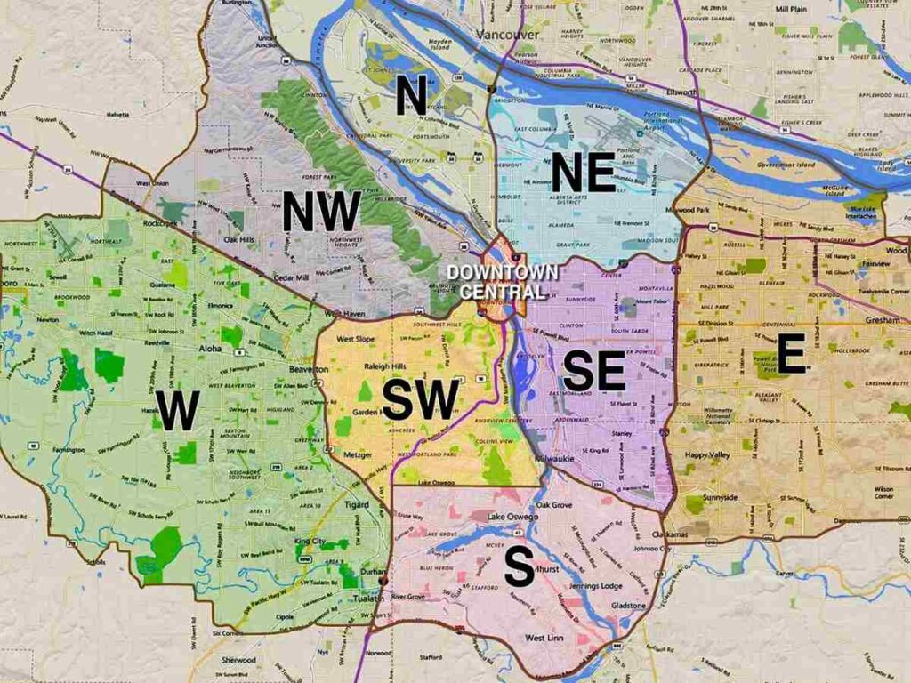 Neighborhood Zone map for article Zeroing in on the Right Portland Neighborhood for newcomers moving to Portland.