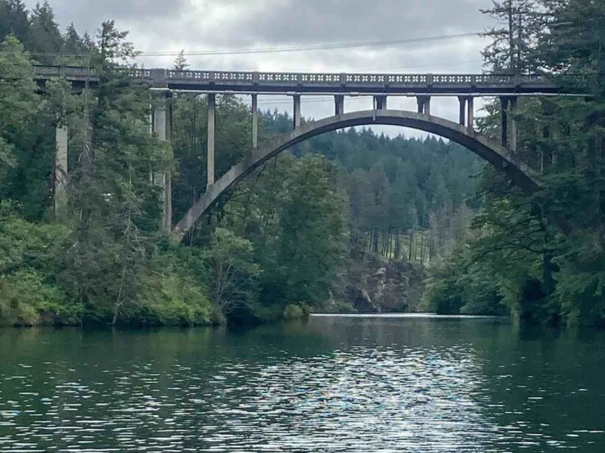 Bridge over Estacada lake in Timber Park for newcomers moving to Portland.