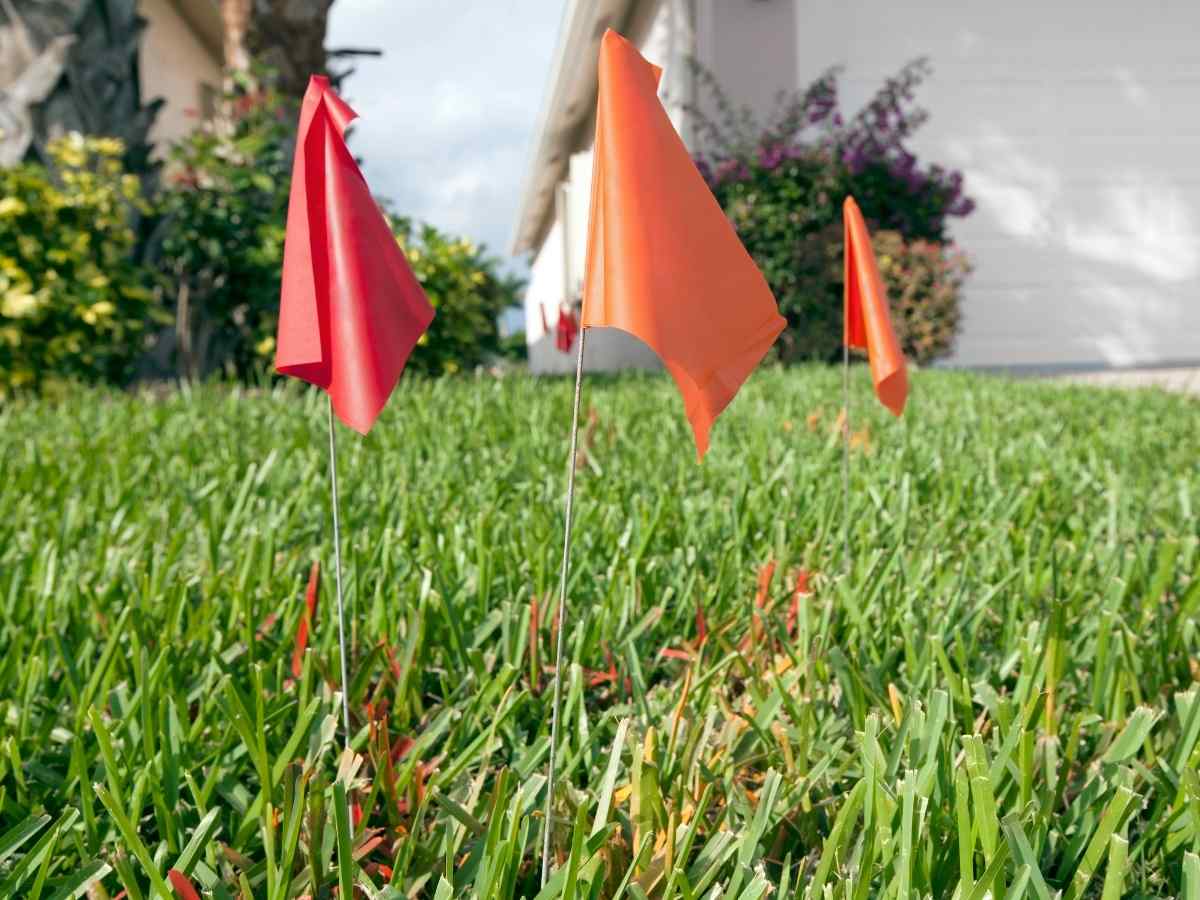 Close up of green grass with orange and red flags and spray paint for article Portland and Vancouver Area Utilities for newcomers moving to Portland.