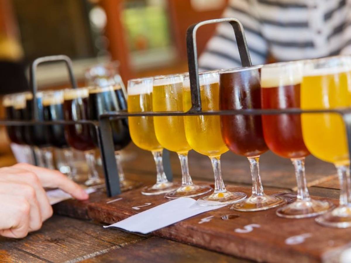 Image of beers in glasses lined up on bar for article 12 Trending Breweries in Portland for newcomers moving to Portland.