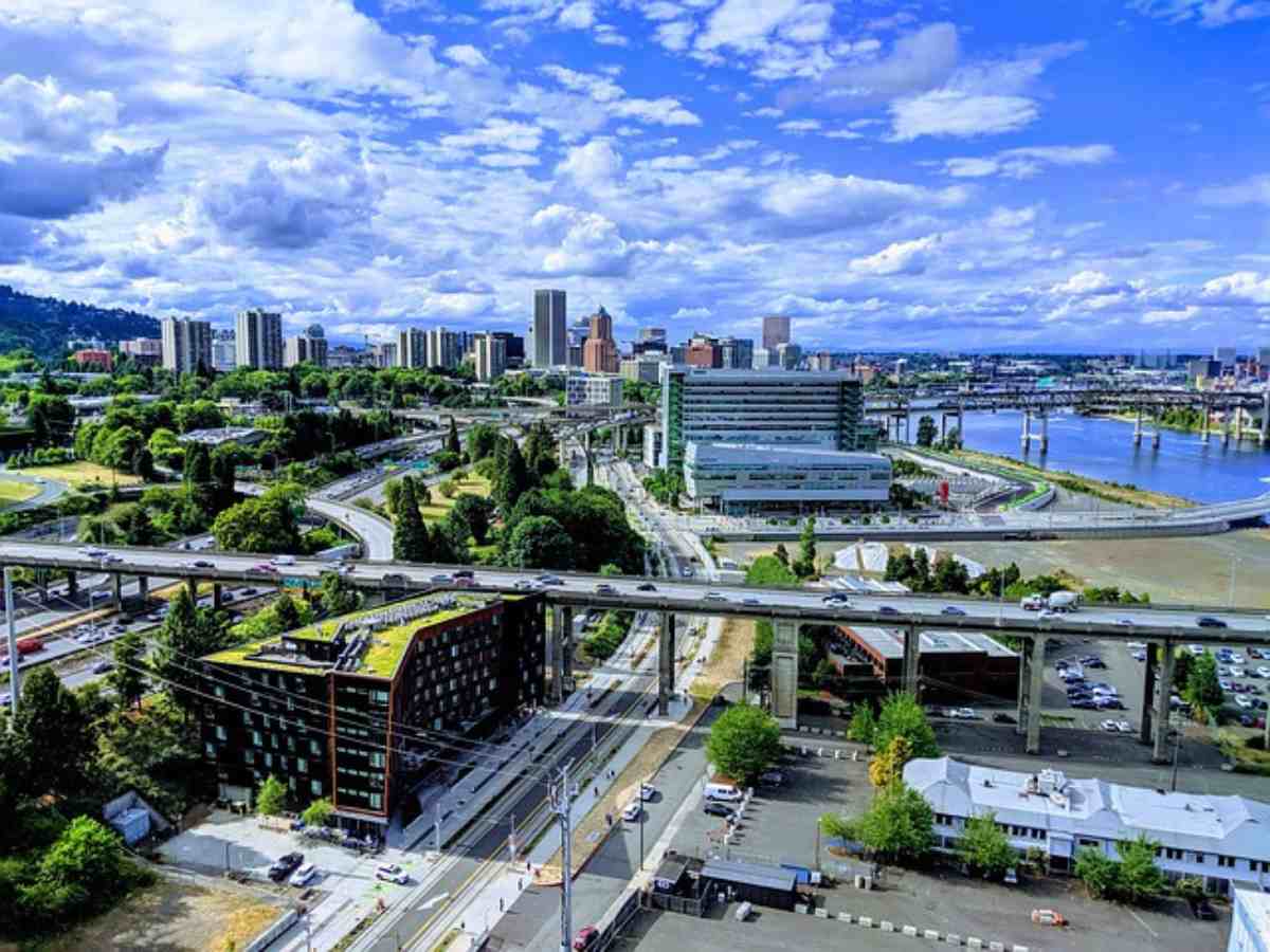 Aerial view of Portland with bridges and bright blue sky for article Finding the Right Portland Neighborhood for newcomers moving to Portland.