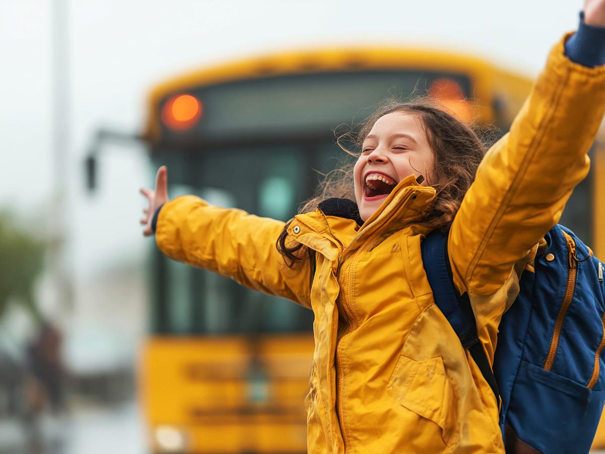 Young girl with backpack on raising her arms out wide above her head with smile on her face and school bus in background for article Navigating Back to School in Portland: New City, New School for newcomers moving to Portland.