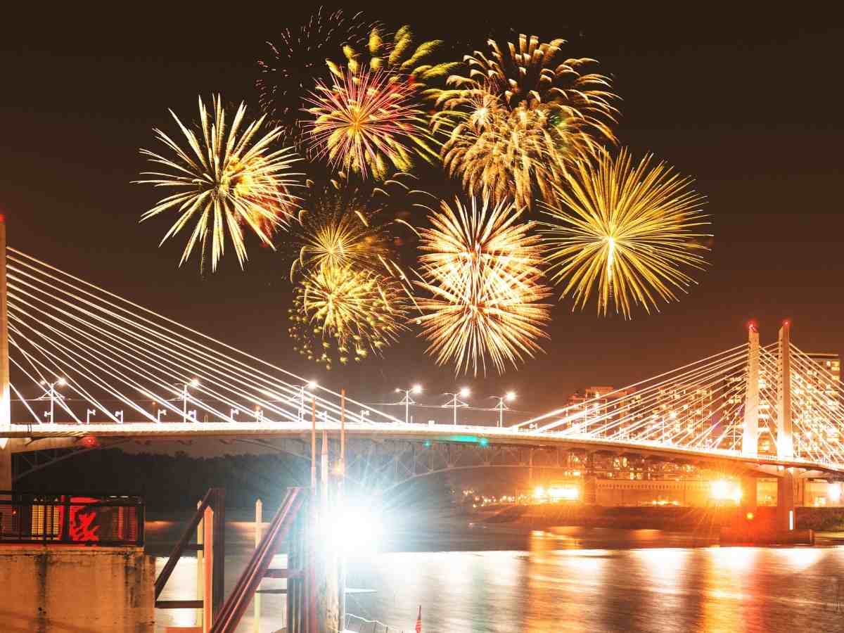 Fireworks over Portland bridge for article Best Places to Watch 4th of July Fireworks in Portland for newcomers moving to Portland area.
