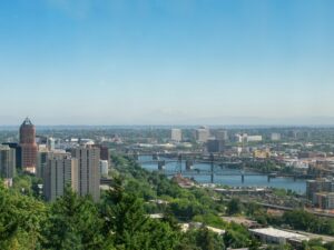 Portland Oregon skyline with bridges. Cost of living in Portland