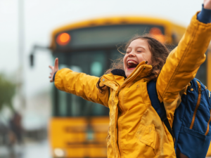 Young girl with backpack on raising her arms out wide above her head with smile on her face and school bus in background.