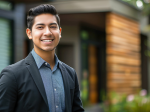 Male realtor standing in front of home.