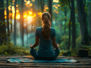 Woman sitting in lotus position with back to camera looking out on wooded area.