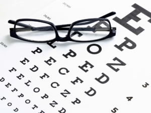 Eye chart with glasses sitting on top of it.