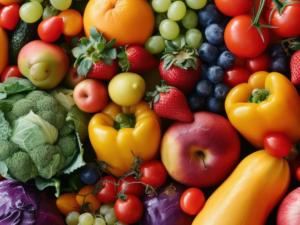 Close up of assorted and colorful nutritious fruits and vegetables.