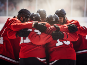 High School hockey team in a huddle.