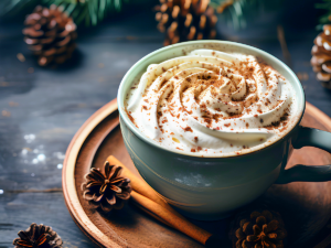 Light blue of coffee topped with whipped cream and cinnamon on a wood plate with pinecones and cinnamon sticks around it and pine cones and pine branches in the background for article The 12 Best Coffee Shops in Portland for Newcomers moving to Portland.