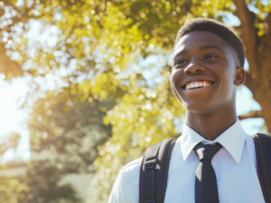 Male high school student in white button down shirt with tie and backpack smiling outdoors in front of tree for article Top 4 Private High Schools in Portland for newcomers moving to Portland.